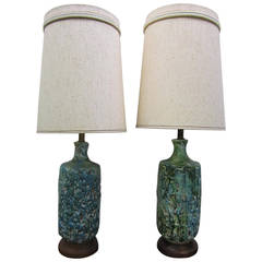 Vintage Exciting Pair of Giant Turquoise Lava Glaze Lamps Mid-Century Modern