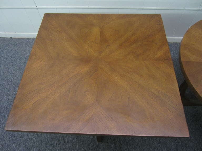 LOVELY PAIR OF BROYHILL BRASILIA SQUARE AND ROUND END TABLES.  I LOVE THE FACT THAT ONE IS SQUARE AND THE OTHER IS ROUND-VERY QUIRKY BUT COOL.  THEY ARE IN GREAT VINTAGE CONDITION.  