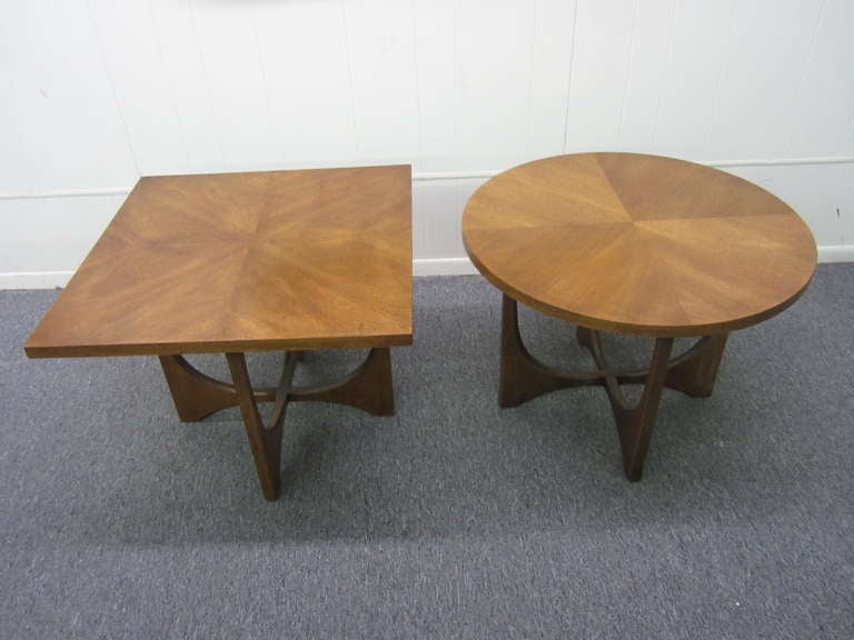 Walnut Pair Broyhill Brasilia Round And Square End Tables Mid-century Danish Modern