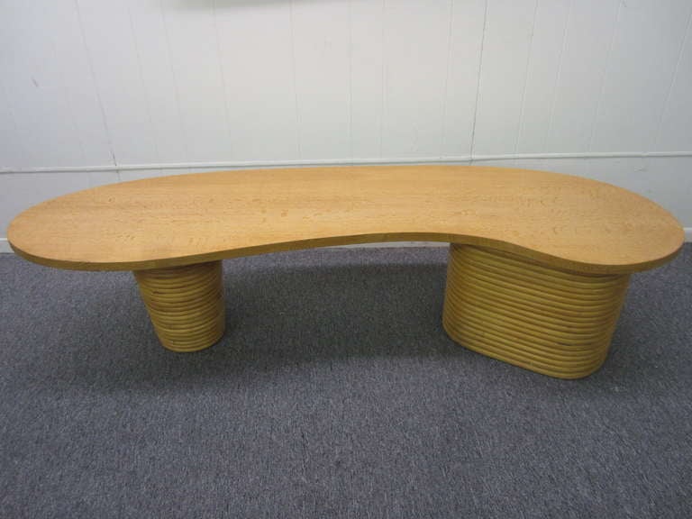 Wondeful Paul Frankl Kidney Shaped Rattan Coiled Coffee Table 1