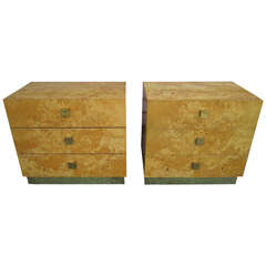 Vintage Gorgeous Pair Milo Baughman style Olivewood 3 Drawer Night Stands Mid-century