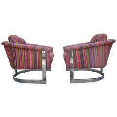 Milo Baughman Style Chrome Flatbar Barrel-Back Lounge Chair, Mid-Century
