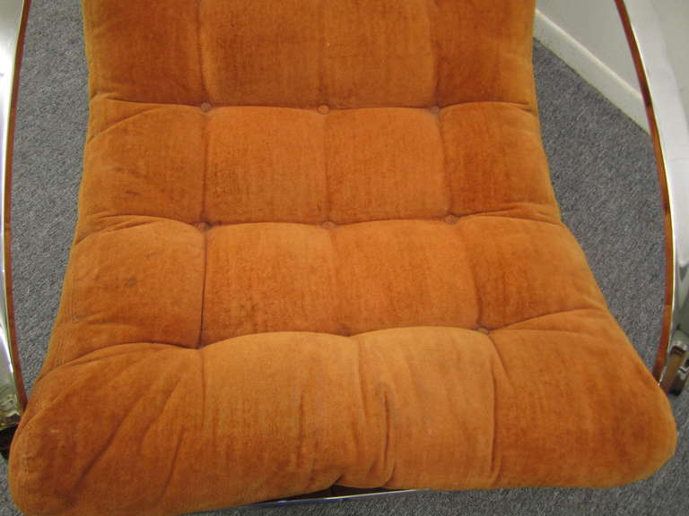 Mid-Century Modern Fabulous Milo Baughman style Orange Velvet Chrome Rocking Chair, Mid-Century