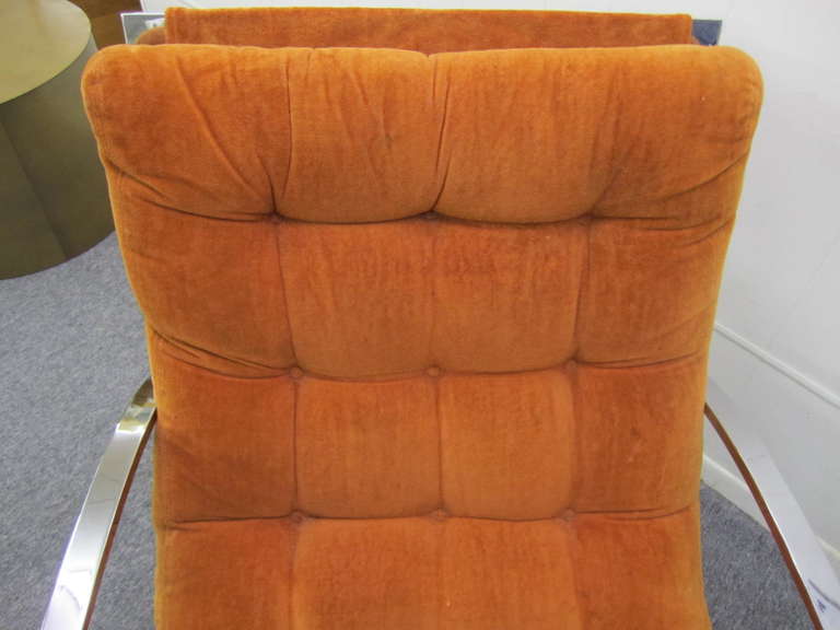 American Fabulous Milo Baughman style Orange Velvet Chrome Rocking Chair, Mid-Century