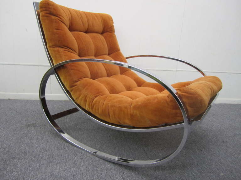 Fabulous Milo Baughman style Orange Velvet Chrome Rocking Chair, Mid-Century 1