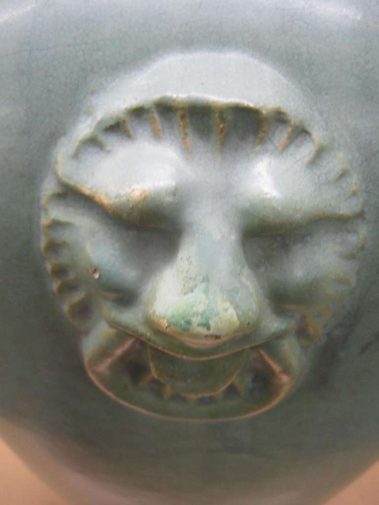American Outstanding Rare Form Huge Handled Burley Winter Urn Signed Lion’s Head