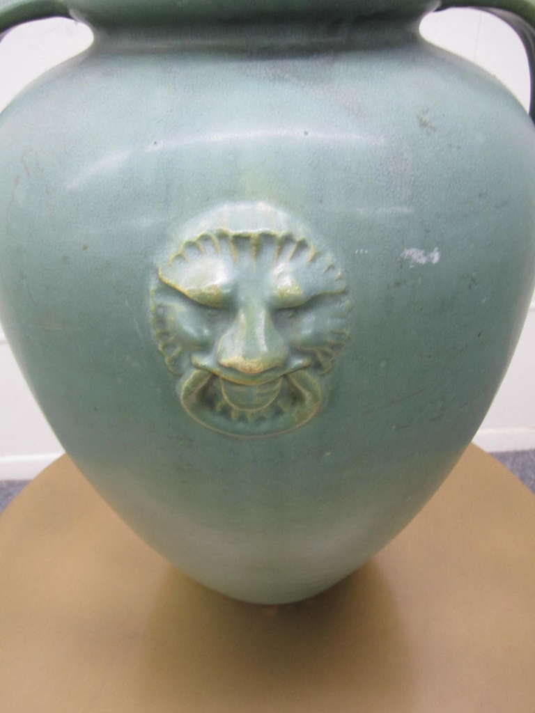 20th Century Outstanding Rare Form Huge Handled Burley Winter Urn Signed Lion’s Head