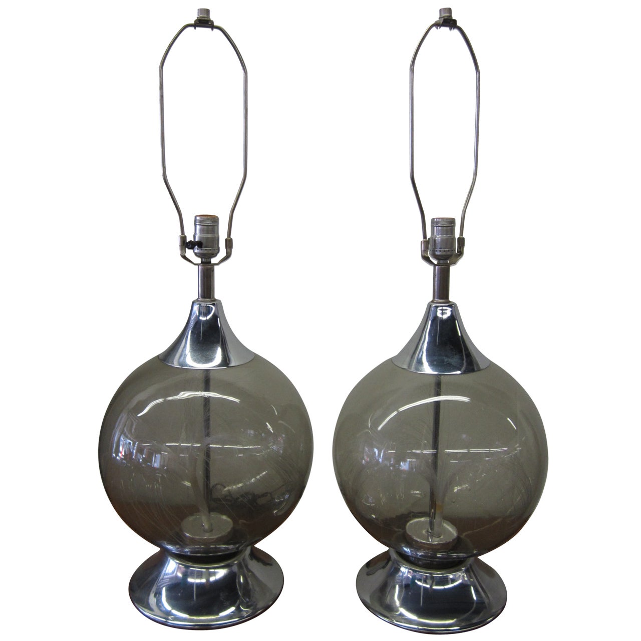 Sexy Pair Of 1970's Chrome Fiber Optic Globe  Lamps Mid-century Modern  For Sale