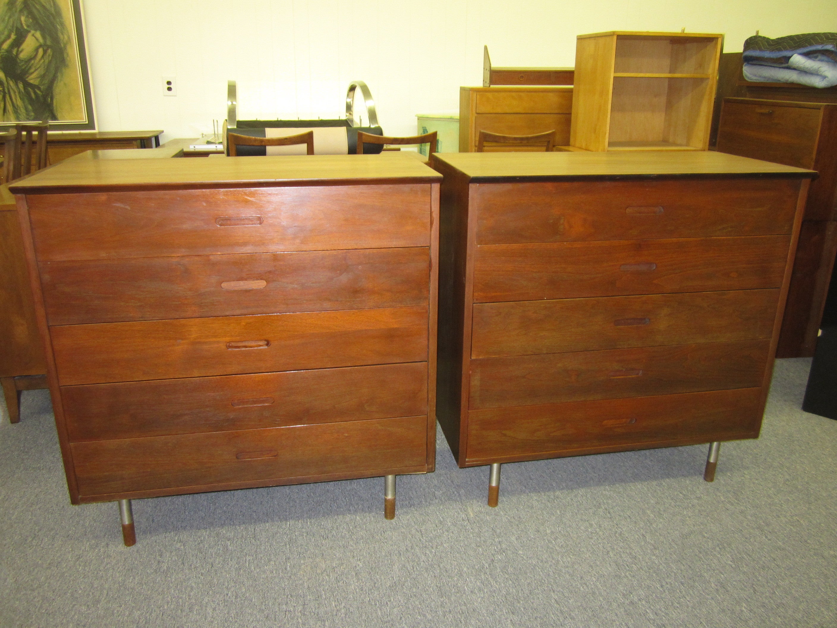 Pair of Walnut Tall Chest Dressers Mid-Century Modern