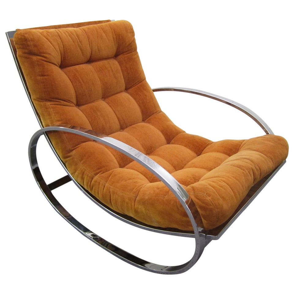 Fabulous Milo Baughman style Orange Velvet Chrome Rocking Chair, Mid-Century