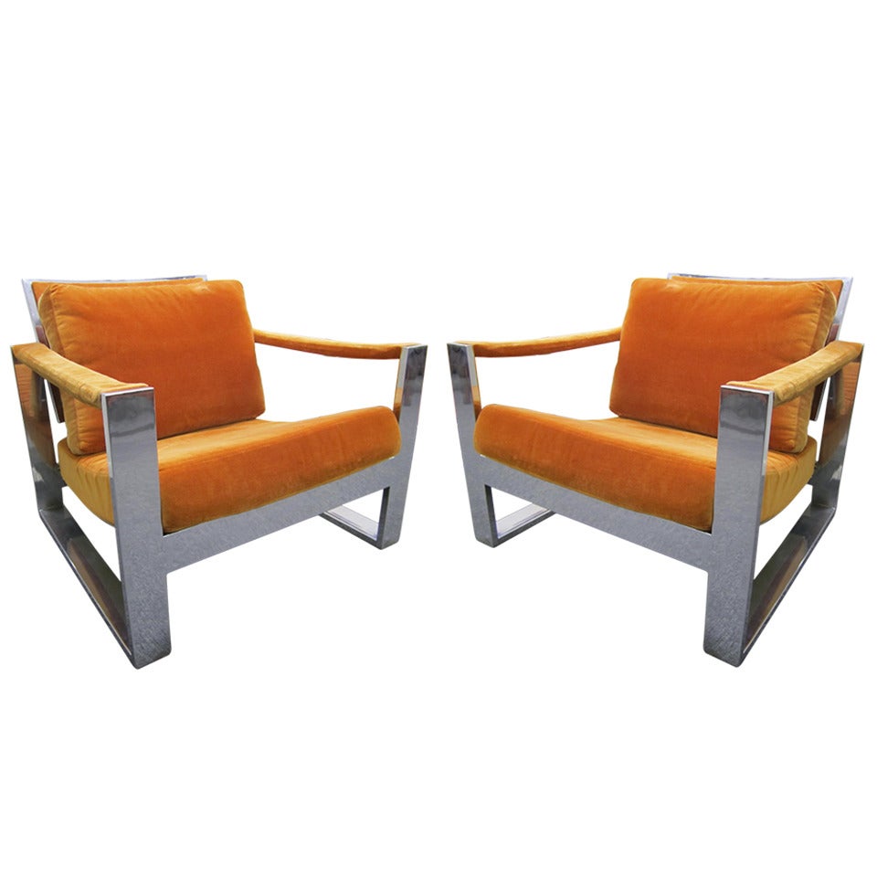 Stunning Pair of Super Chunky Milo Baughman Chrome Lounge Chairs, Mid-Century