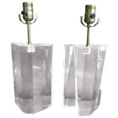 Gorgeous Pair of Petite Solid Lucite Prismatic Lamps Hollywood Regency