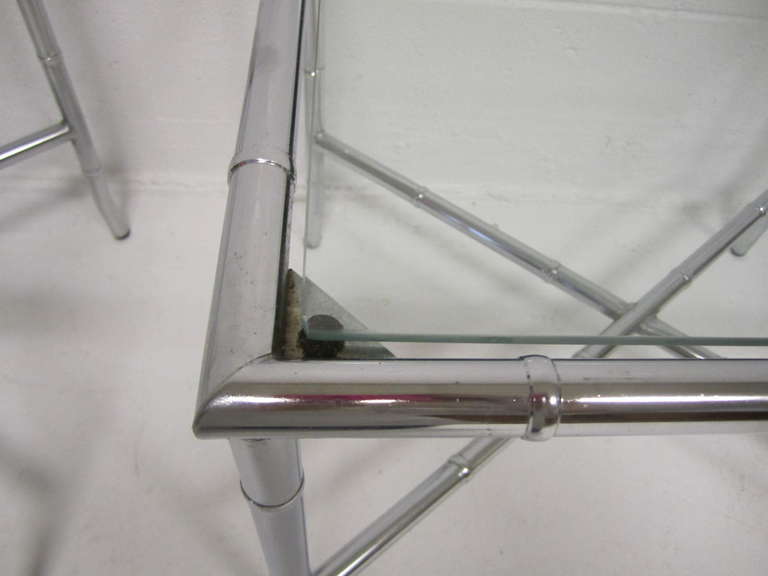 Pair of Chrome Faux Bamboo Chinoisiere Style Side Tables, Hollywood Regency In Good Condition For Sale In Pemberton, NJ