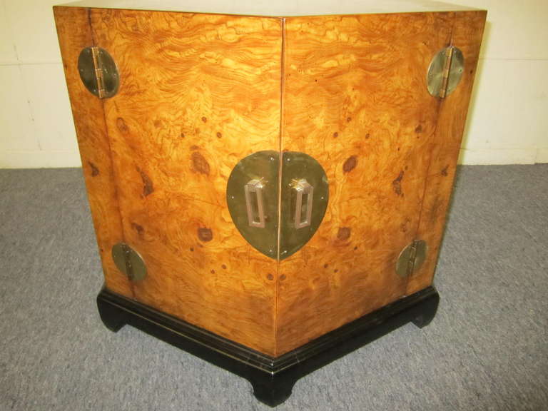 Stunning Chinoisiere style olivewood octagon shaped end table cabinet.  You will love the quality and craftsmanship of this fabulous vintage piece.  The top looks amazing along with the unusual brass details.