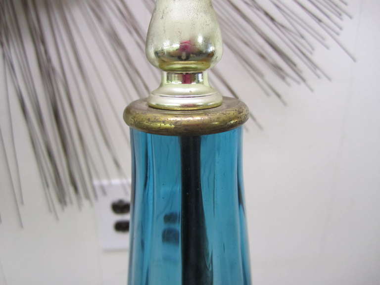 Stunning Pair of Turquoise Blenko Style Murano Glass Lamps Mid-Century Modern In Good Condition In Pemberton, NJ