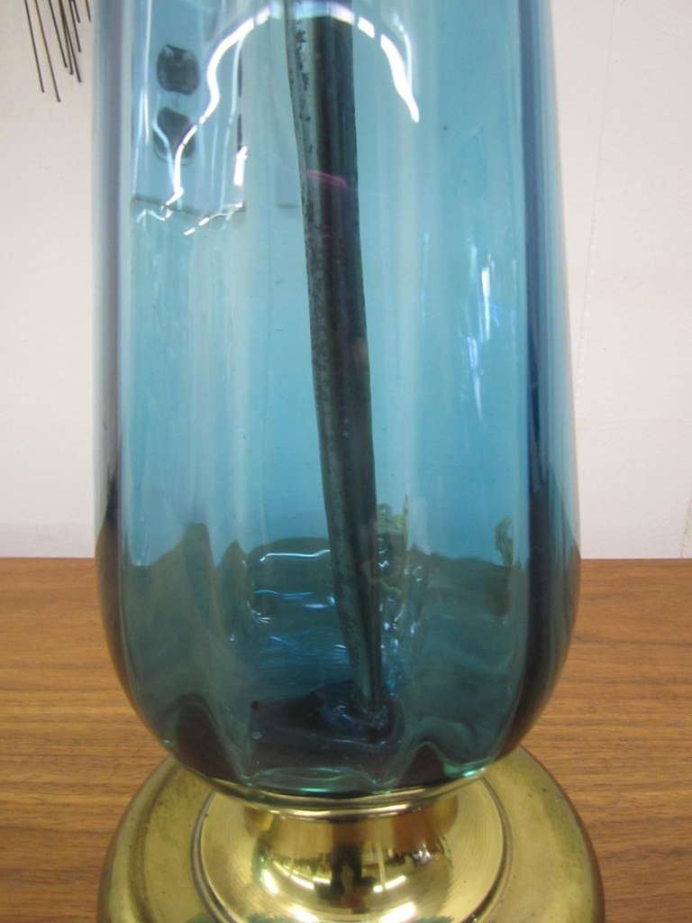 Italian Stunning Pair of Turquoise Blenko Style Murano Glass Lamps Mid-Century Modern