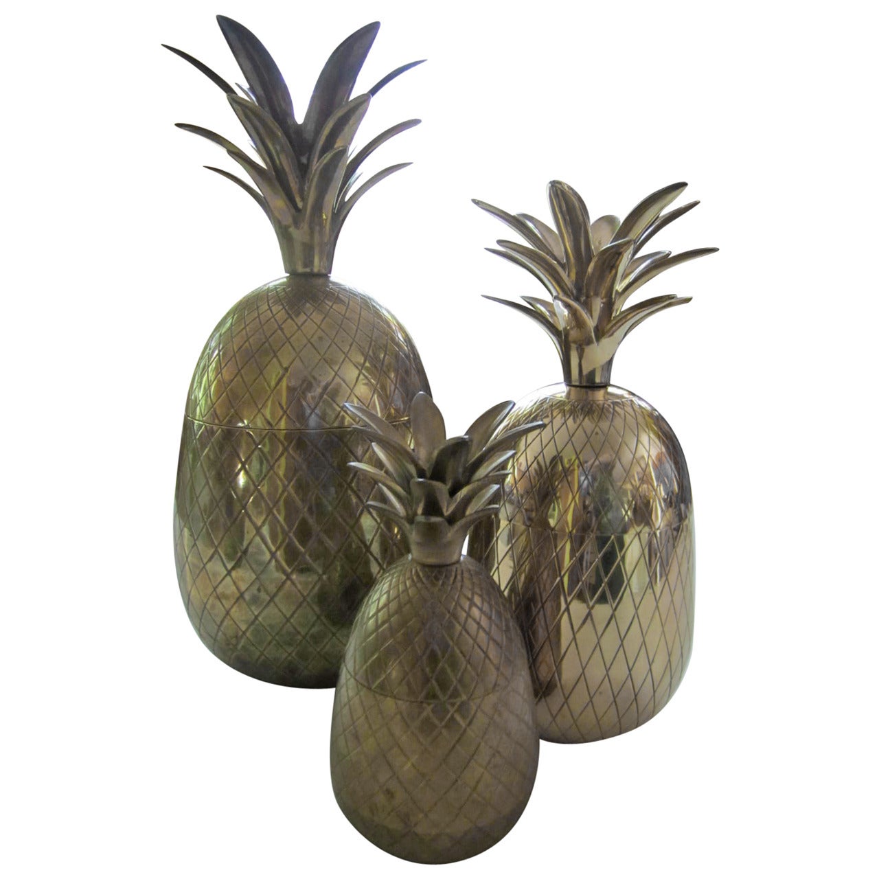 Set of Three Brass Pineapples Ice Bucket/Trinket Boxes Mid-Century Modern