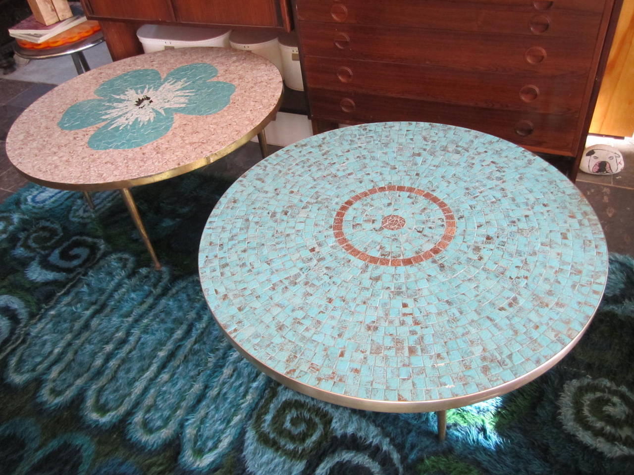 Stunning Mosaic Tile Top Circular Coffee Tables, Mid-Century Modern 1