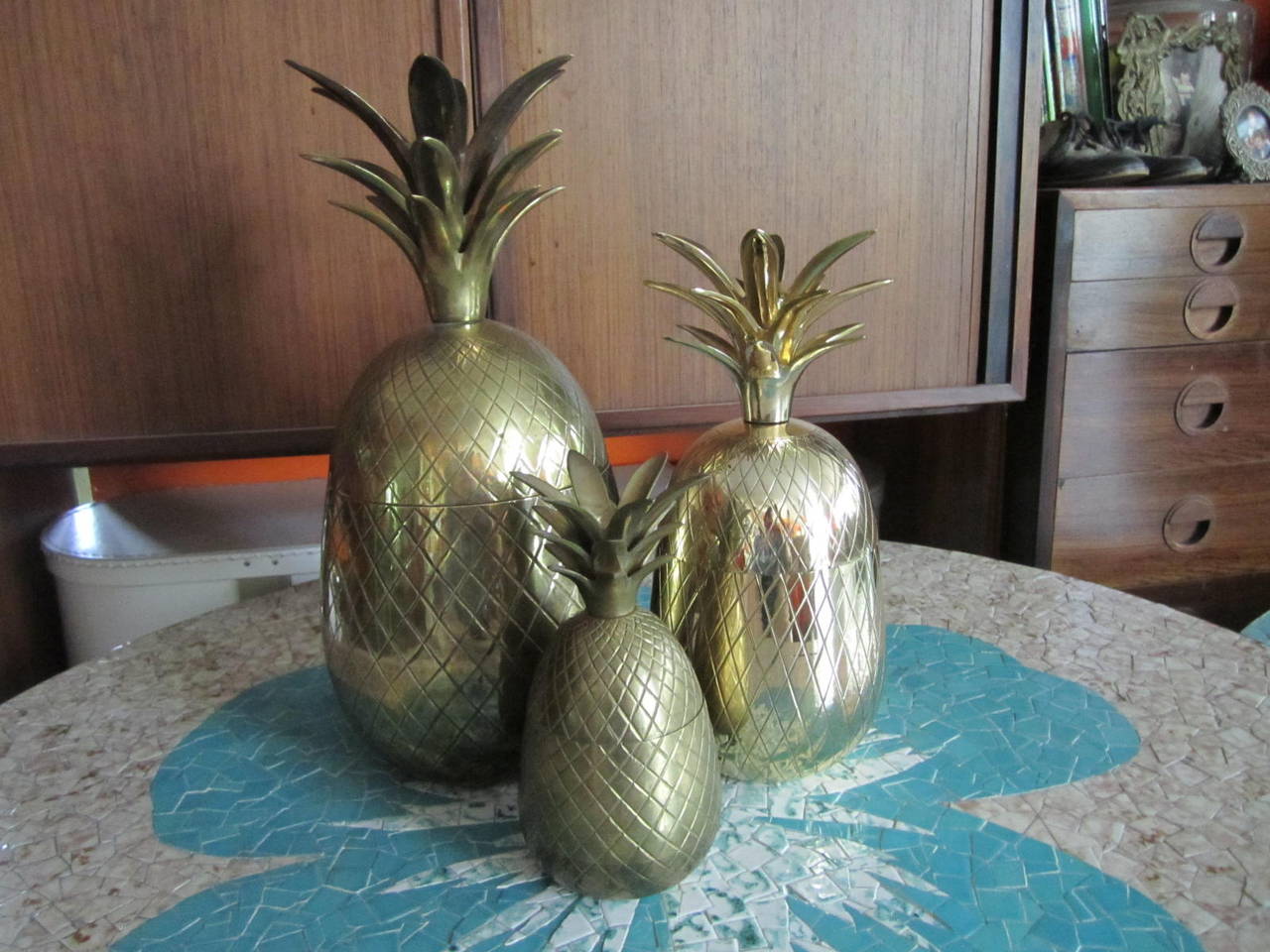 Whimsical set of three solid brass pineapples boxes. These are all the rage this season. The giant one measures over 15
