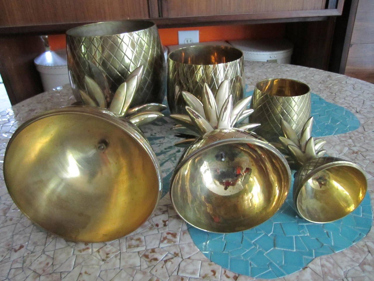 Set of Three Brass Pineapples Ice Bucket/Trinket Boxes Mid-Century Modern 2