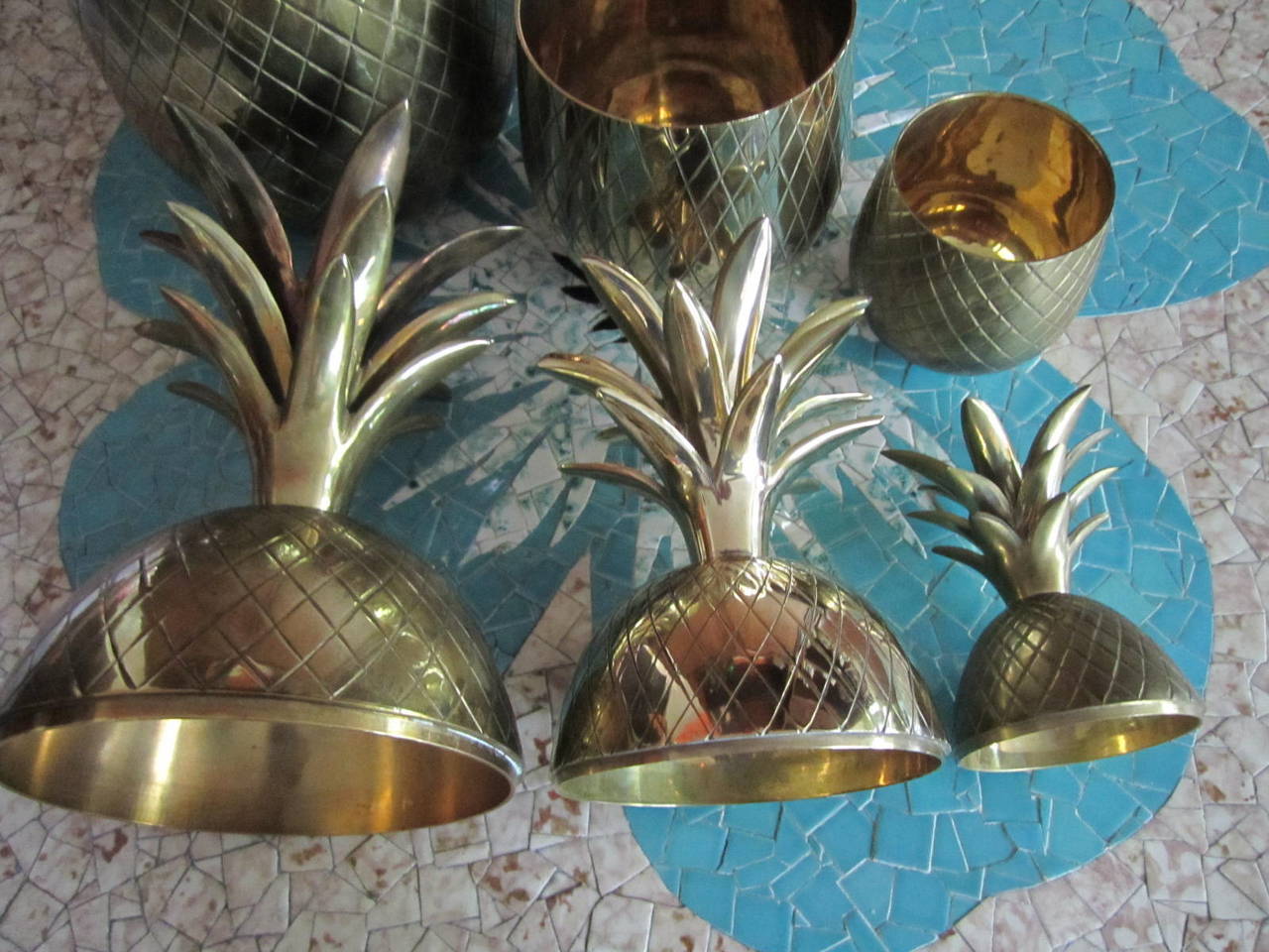 Set of Three Brass Pineapples Ice Bucket/Trinket Boxes Mid-Century Modern 1
