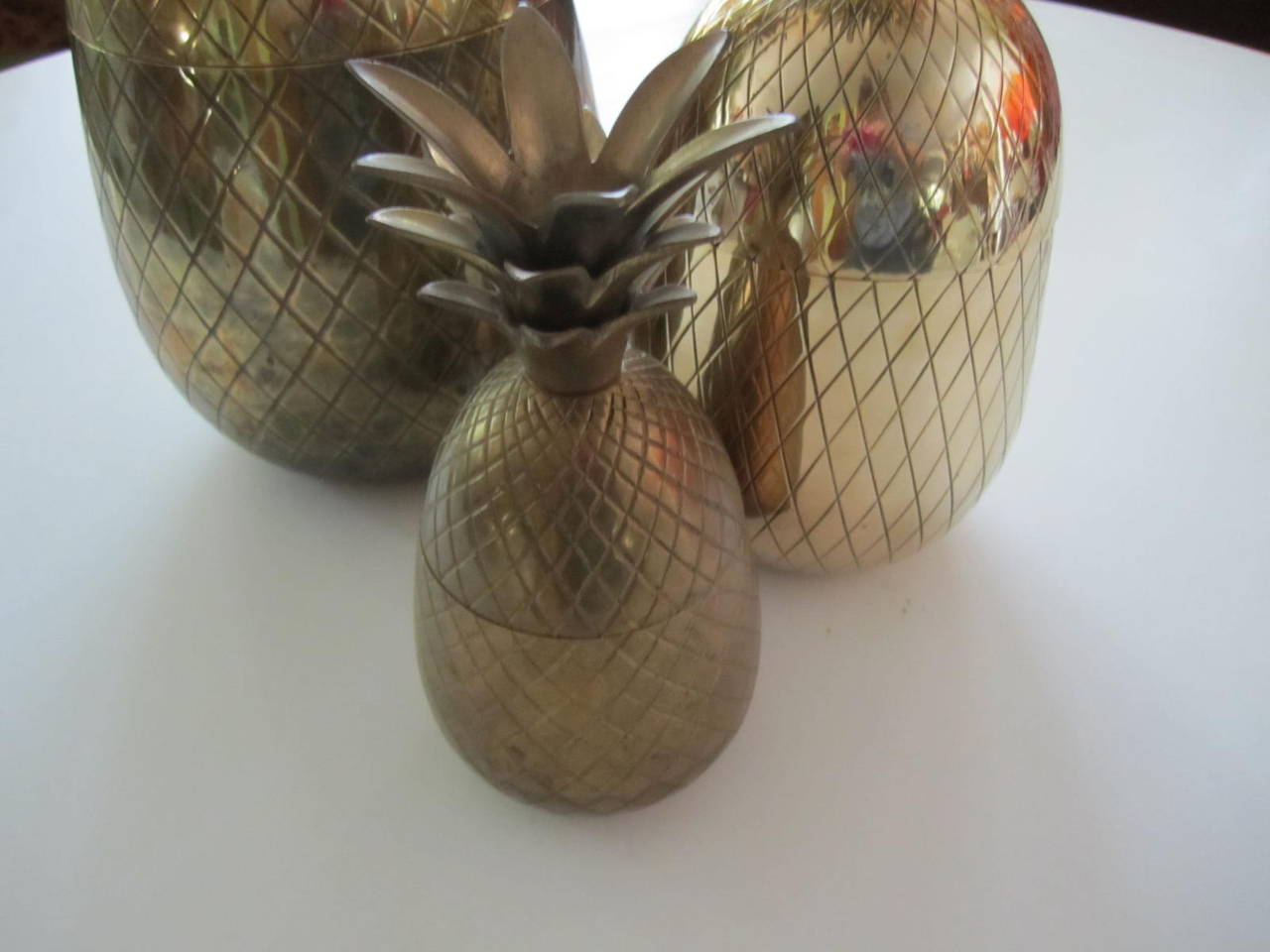 Set of Three Brass Pineapples Ice Bucket/Trinket Boxes Mid-Century Modern 4