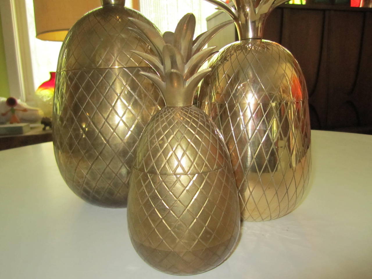 Set of Three Brass Pineapples Ice Bucket/Trinket Boxes Mid-Century Modern In Good Condition In Pemberton, NJ