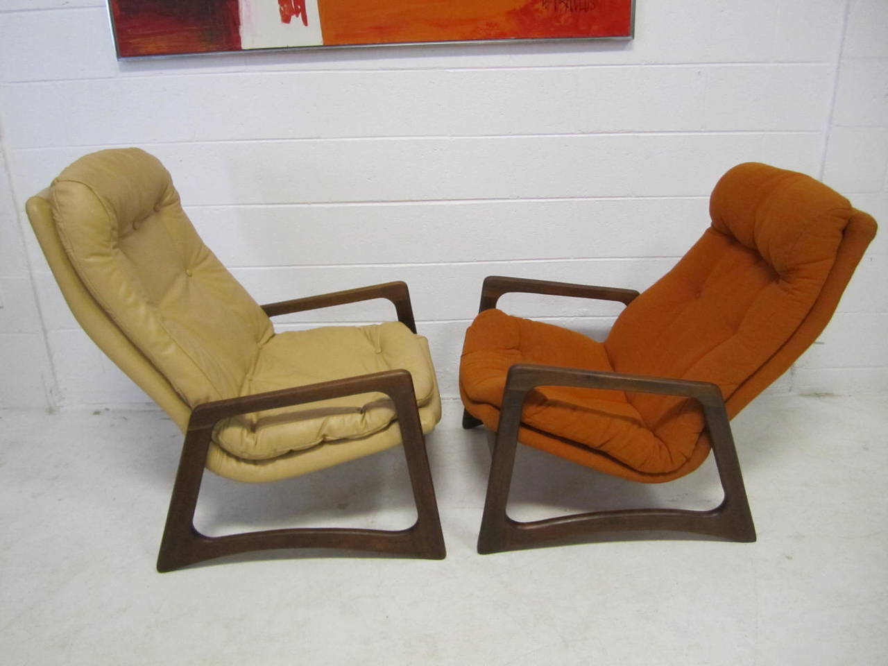 Fabulous Pair of sculptural walnut Adrian Pearsall Lounge chairs.  This pair will need re-upholstery but that's what you designers are looking for anyway-right?  The slightly smaller solid walnut frames are in fantastic condition.  These are
