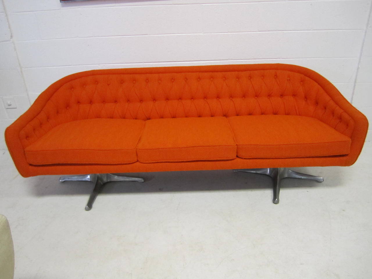 A rare Chromcraft sofa, circa 1950s. This sofa was used in the movie 'The Blunderer', to be released soon. The movie stars Jessica Biel and Patrick Wilson. Directed by Andy Goddard. 

This sofa is in excellent condition. It has new tufted