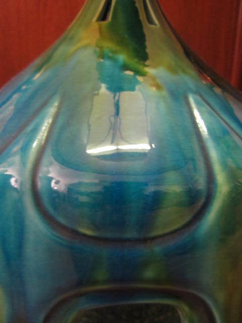 Mid-Century Modern Pair of Large Turquoise Drip Glaze Midcentury Lamps Original Shades