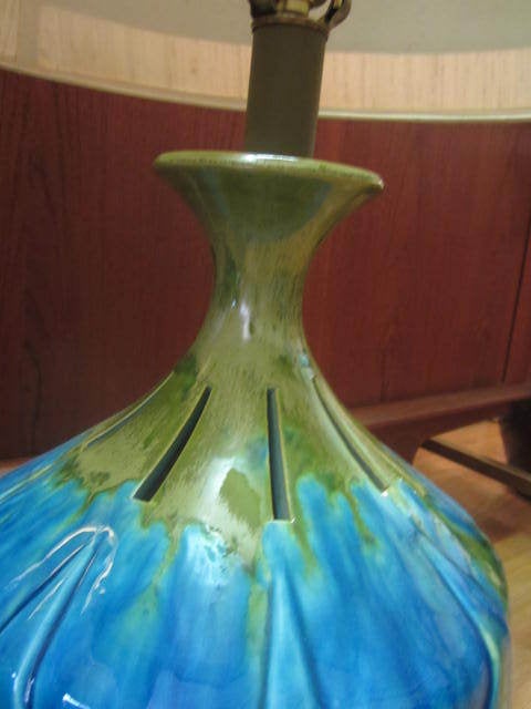 Mid-20th Century Pair of Large Turquoise Drip Glaze Midcentury Lamps Original Shades