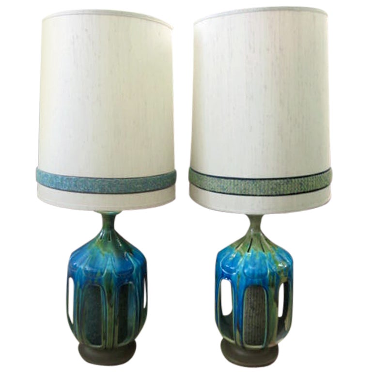 Pair of Large Turquoise Drip Glaze Midcentury Lamps Original Shades