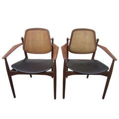 Retro Pair of Arne Vodder Caned Back Arm Chairs Mid-Century Danish Modern