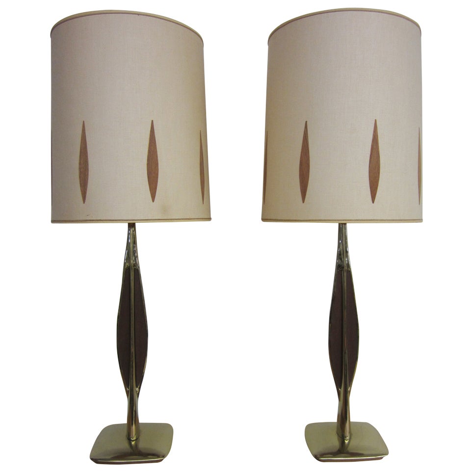 Pair Of Walnut And Brass Laurel Lamps With Original Shades Mid-century Danish 