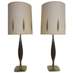 Vintage Pair Of Walnut And Brass Laurel Lamps With Original Shades Mid-century Danish 