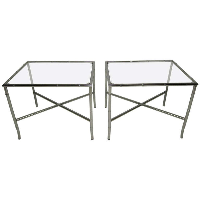 Pair of Chrome Faux Bamboo Chinoisiere Style Side Tables, Hollywood Regency