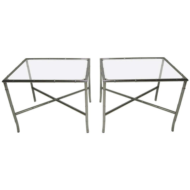 Pair of Chrome Faux Bamboo Chinoisiere Style Side Tables, Hollywood Regency
