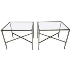 Pair of Chrome Faux Bamboo Chinoisiere Style Side Tables, Hollywood Regency
