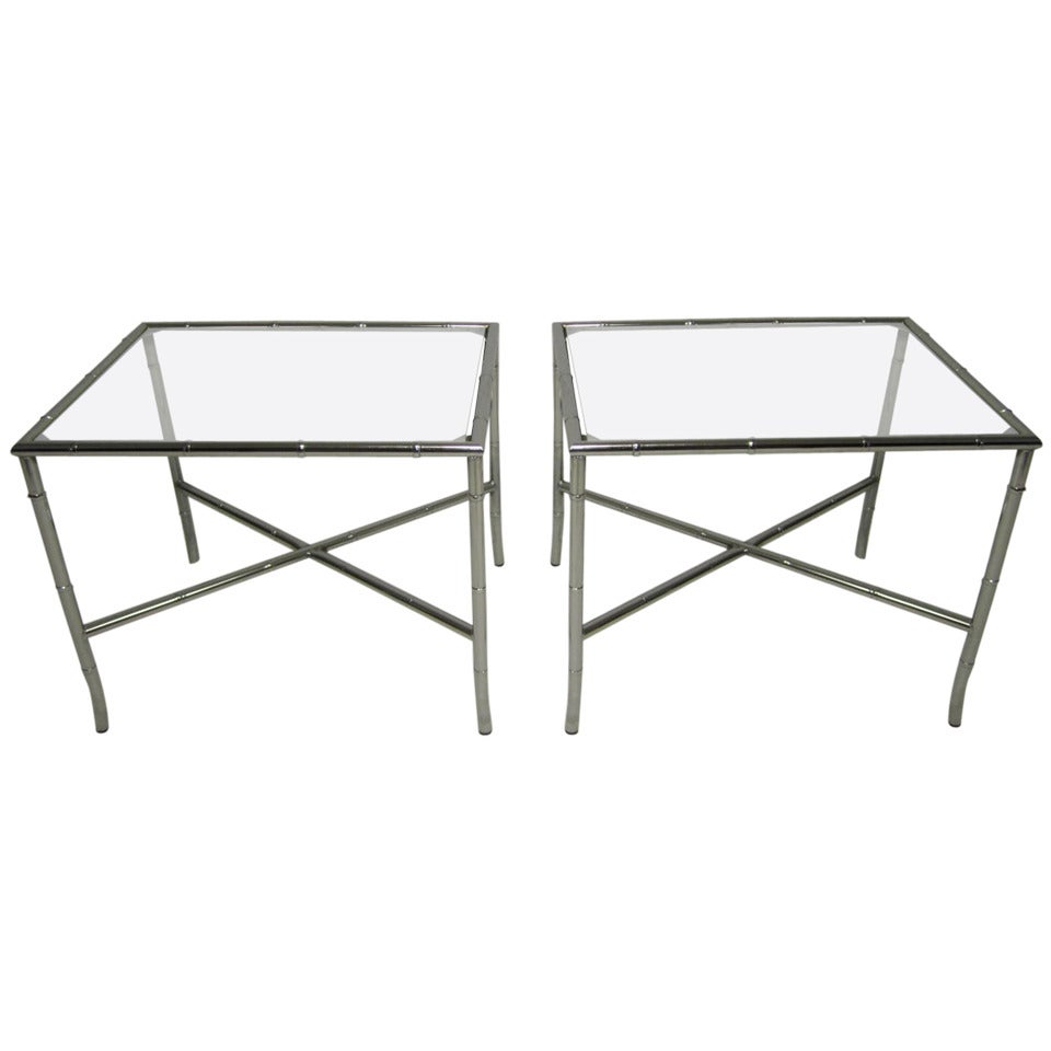 Pair of Chrome Faux Bamboo Chinoisiere Style Side Tables, Hollywood Regency For Sale