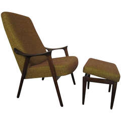 Danish Modern Scoop Arm Walnut Lounge Chair with Adjustable Ottoman