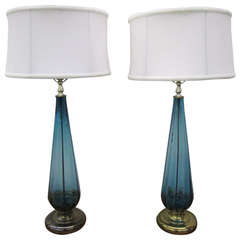 Stunning Pair of Turquoise Blenko Style Murano Glass Lamps Mid-Century Modern