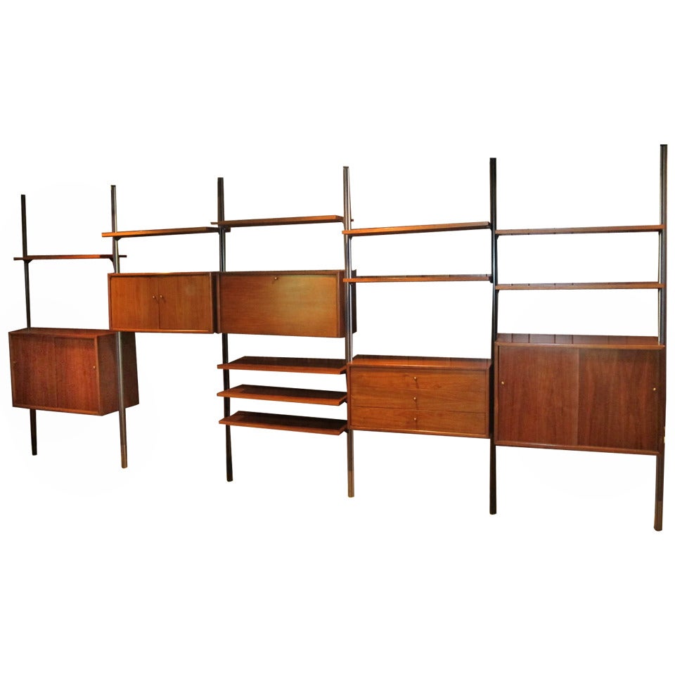 Outstanding 5 Bay American Walnut Wall Unit, Mid-Century Danish Modern