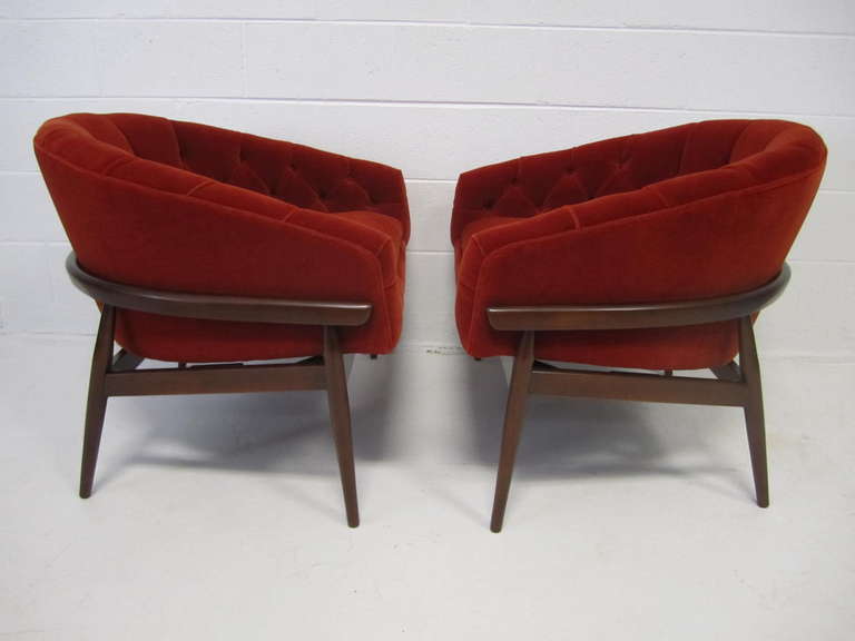 Really fine totally restored pair of Milo Baughman barrel back chairs.  Newly reupholstered in Ralph Lauren burnt orange mohair they look over the top fabulous.  The frames have been refinished and have a showroom finish.   Very rare with the low