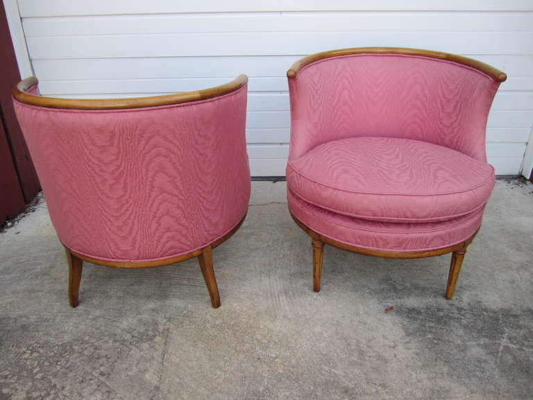 Wood Lovely Pair of Hollywood Regency Barrel Back Lounge Chairs