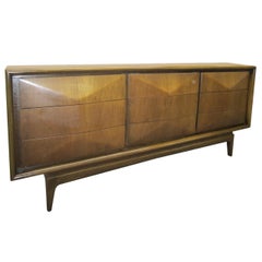 Three-Dimensional Diamond Front Walnut Credenza, Mid-Century Modern Dresser