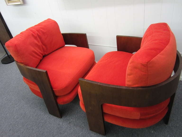 American Pair of Milo Baughman Rosewood Barrel Back Chairs with Orange Mohair