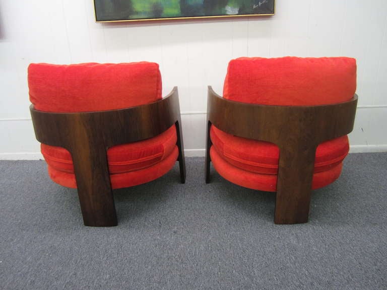 Rare pair of Milo Baughman Thayer Coggin rosewood lounge chairs.  Reupholstered in a vintage citrus mohair.  These chairs are drop dead gorgeous and have been restored to great condition.  They look great with the large back pillow or can be used