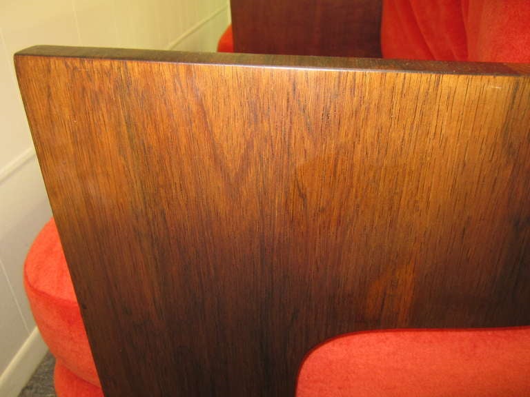 Mid-20th Century Pair of Milo Baughman Rosewood Barrel Back Chairs with Orange Mohair