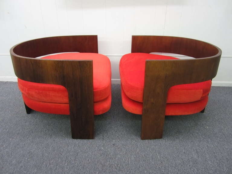 Pair of Milo Baughman Rosewood Barrel Back Chairs with Orange Mohair 3