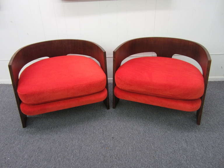 Pair of Milo Baughman Rosewood Barrel Back Chairs with Orange Mohair 4